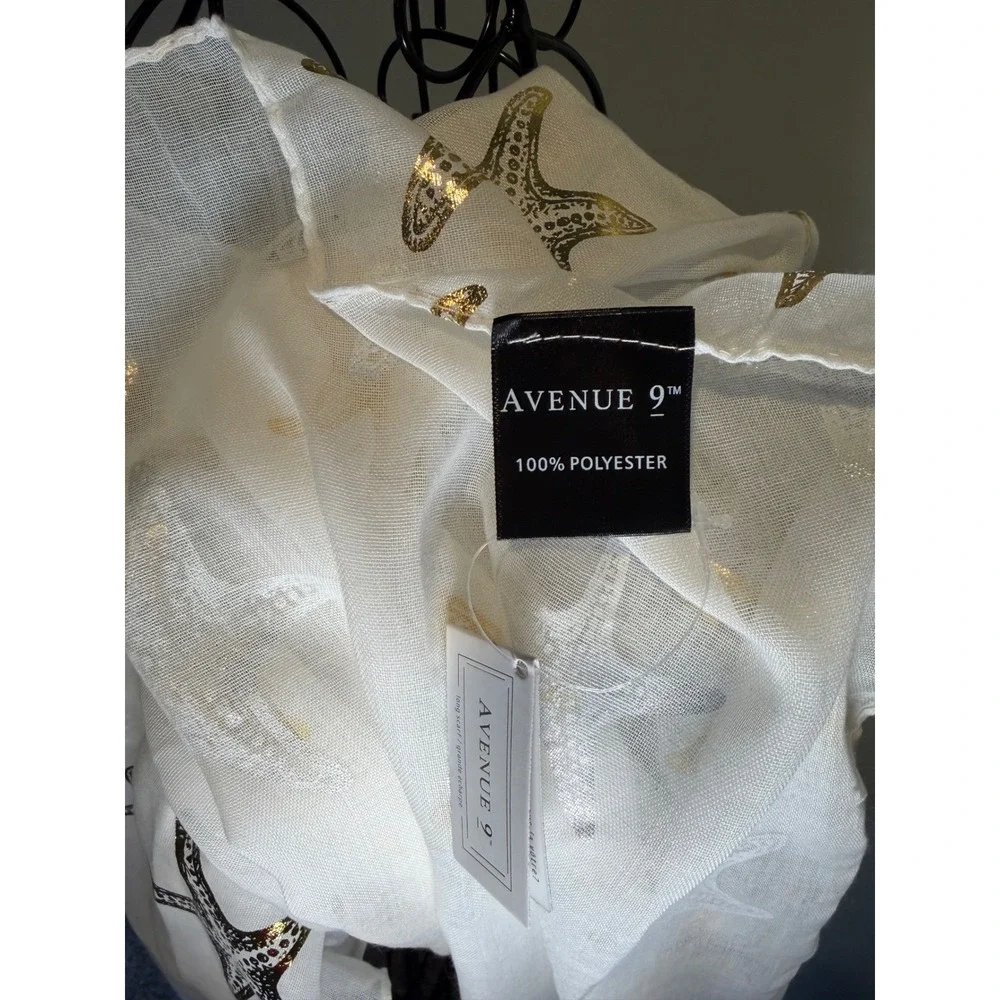 Avenue 9 White Gold Foil Starfish Scarf Nautical‎ Coastal Beach Wrap New